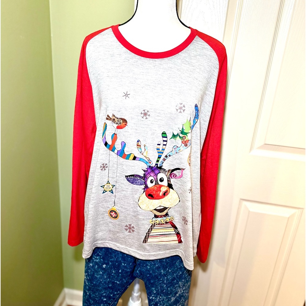 Raglan Red Sleeve Funny Reindeer Graphic Print Crew Neck T-shirt 2XL🦌